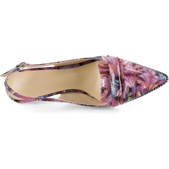 Women Floral-purple Stiletto Beaded Pointed Toe Slip On Loafers Slingback Heel - Picture 6 of 6